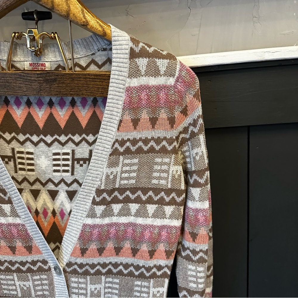 Mossimo Supply Co. Gray Brown Pink Peach Aztec Boho Button Cardigan Medium - Picture 4 of 11